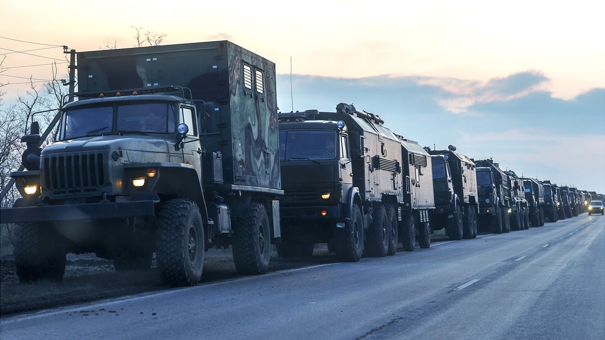 A convoy of Russian military vehicles heading towards the Donbas region - 23 February 2022