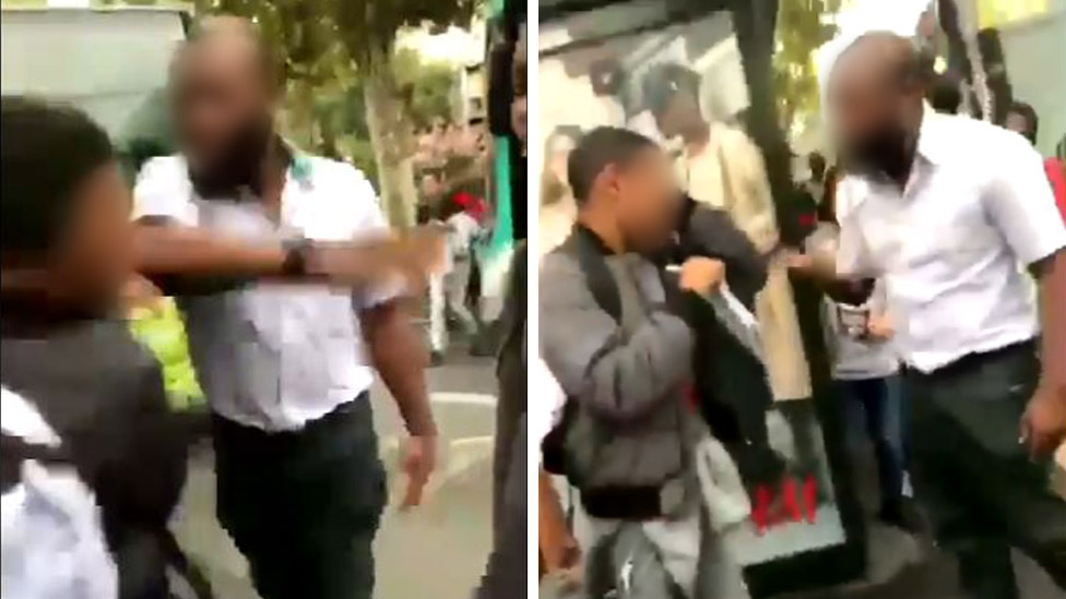 Screen shots from social media video showing slap and words spoken afterwards