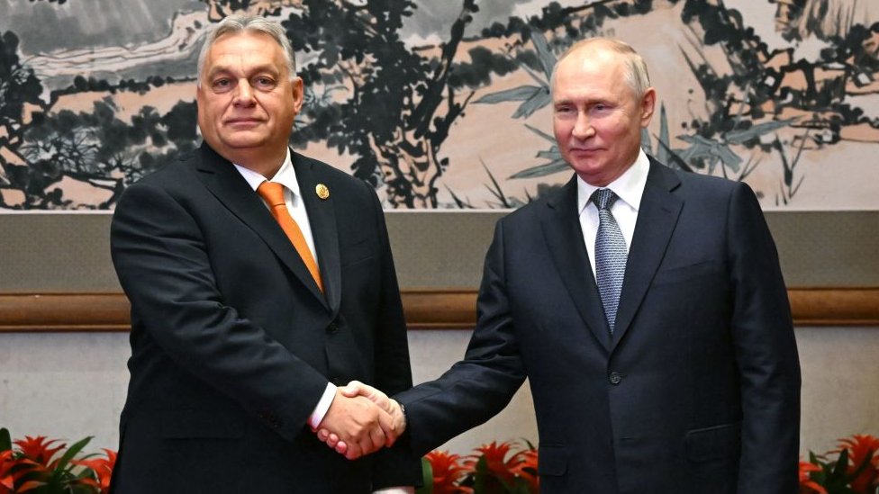 Russia's President Vladimir Putin meeting with Hungarian Prime Minister Viktor Orban on the sidelines of the Third Belt and Road Forum in Beijing on October 17, 2023.