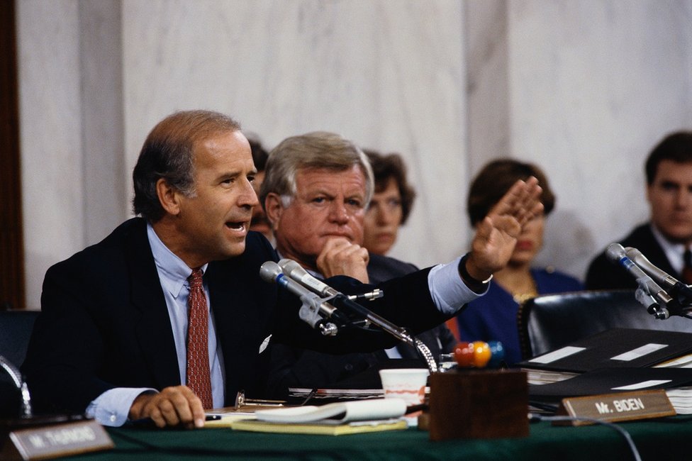 Senators Joseph Biden and Ted Kennedy attend Clarence Thomas confirmation hearings