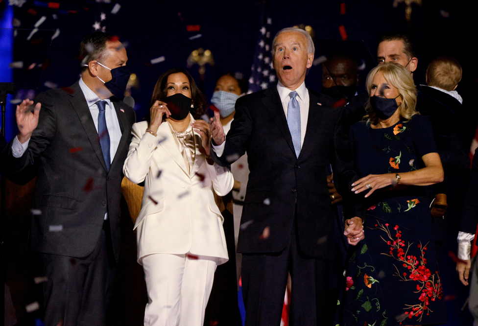 US presidential nominee Joe Biden and his wife Jill, and vice presidential nominee Kamala Harris and her husband Doug, in Wilmington, Delaware, 7 November 2020