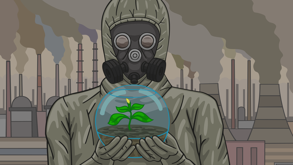Ilustração de uma pessoa com uma máscara de gás e uma planta