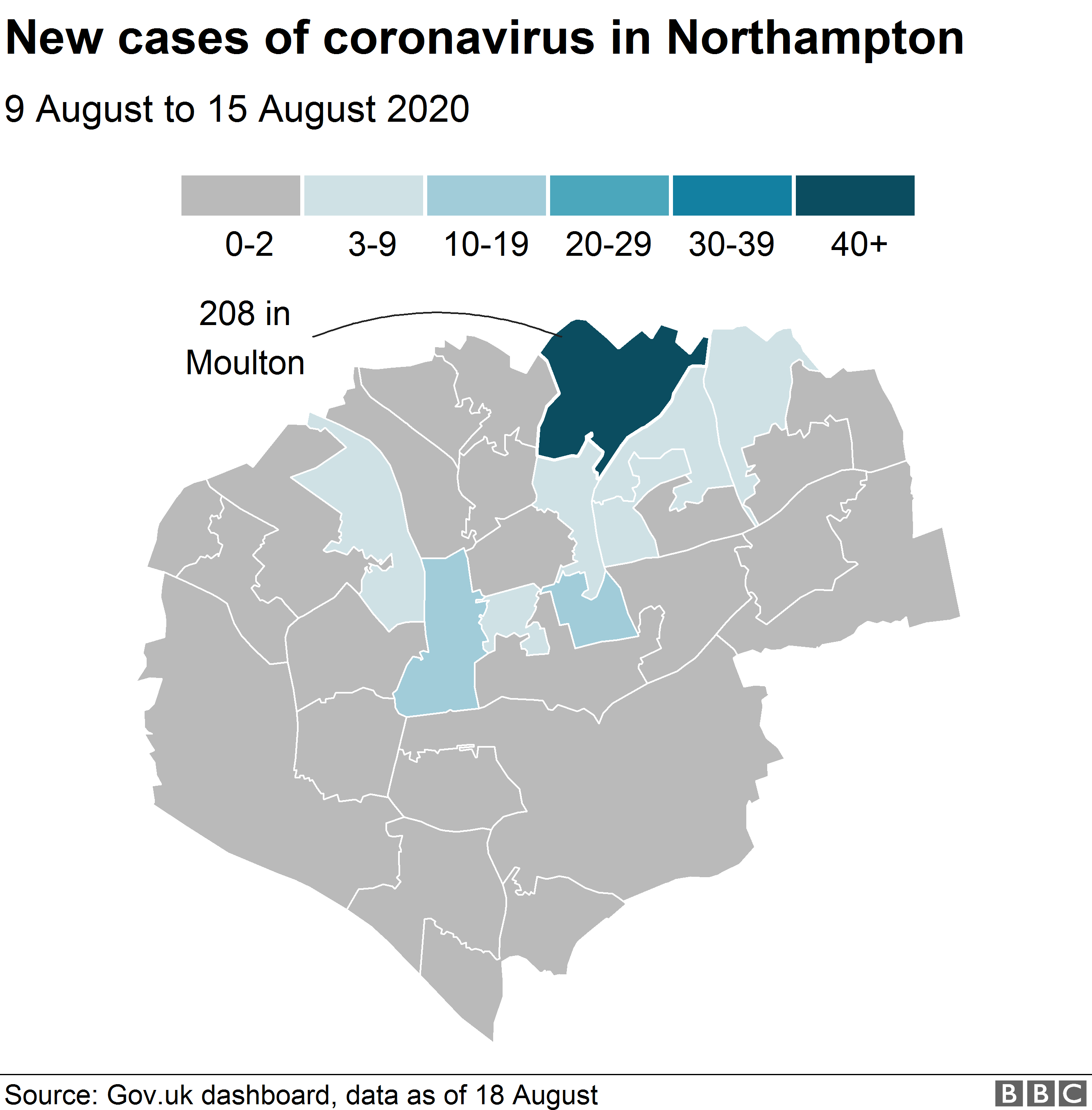 Карта, показывающая случаи коронавируса в Нортгемптоне