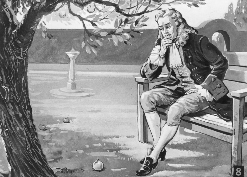 Английский математик и физик сэр Исаак Ньютон размышляет о силе гравитации, когда видит, как яблоко падает в его саду, около 1665 года