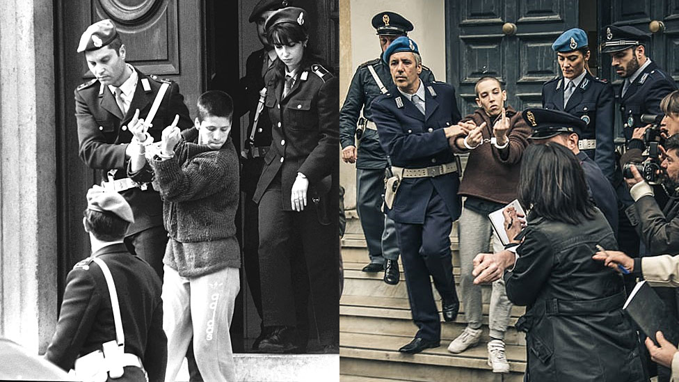 La icónica foto de Soledad tomada en 1998 (agencia "Reporters") a la izquierda y la recreación de la escena en la película "Soledad", a la derecha.