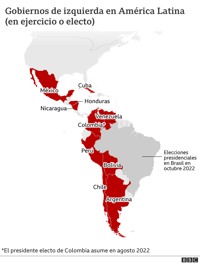 Mapa mostrando los actuales gobiernos de izquierda en América Latina