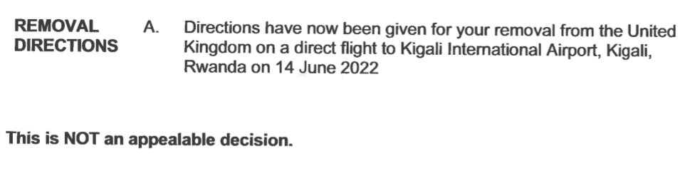 Sığınmacılara iletilen, 14 Haziran'da İngiltere'den Ruanda'ya gönderileceklerini bildiren belge.