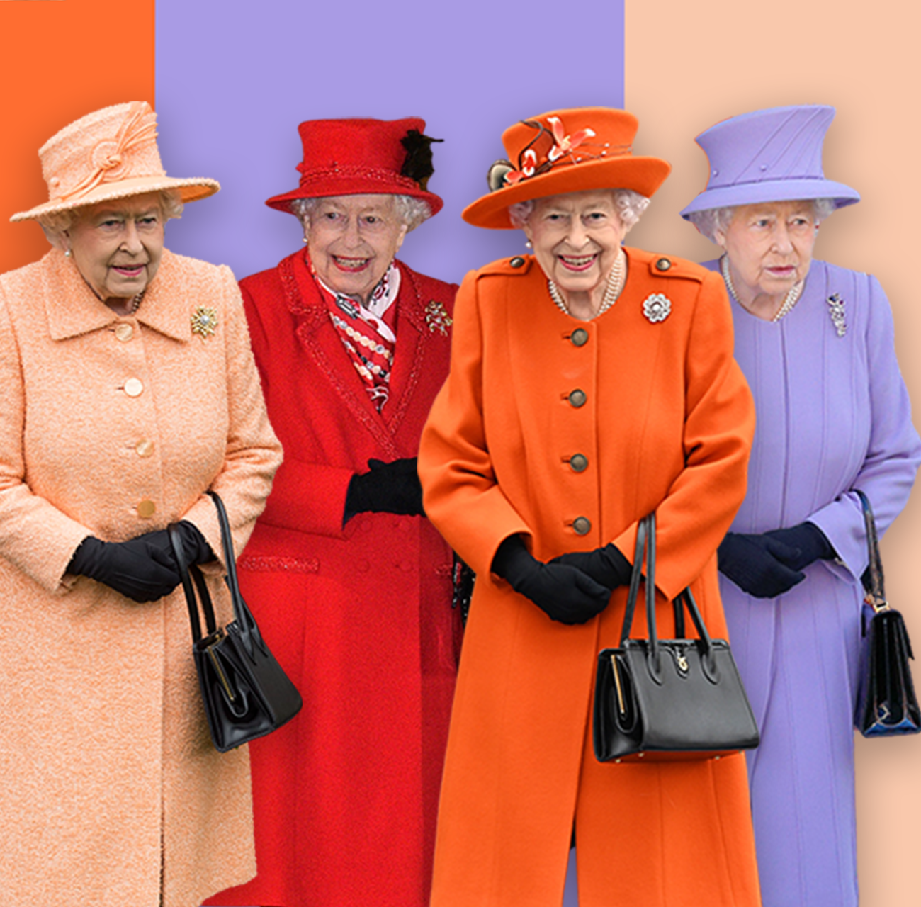 الملكة في أزياء ملونة مختلفة وحقيبة يد
