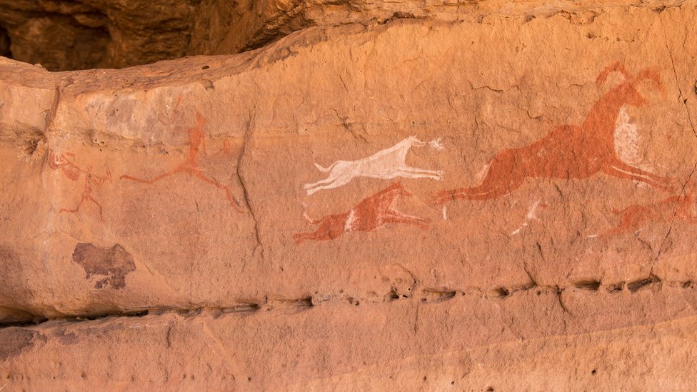 El arte rupestre, como este descubierto en Wadi Tashwenat, Libia, es prueba de la existencia de grandes mamíferos en el Sahara verde, dice el doctor McGee. Arte rupestre en Libia
