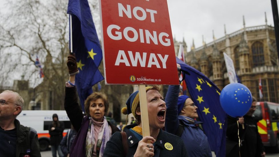 Mujer con un cartel que dice "No nos vamos" en una protesta contra el Brexit