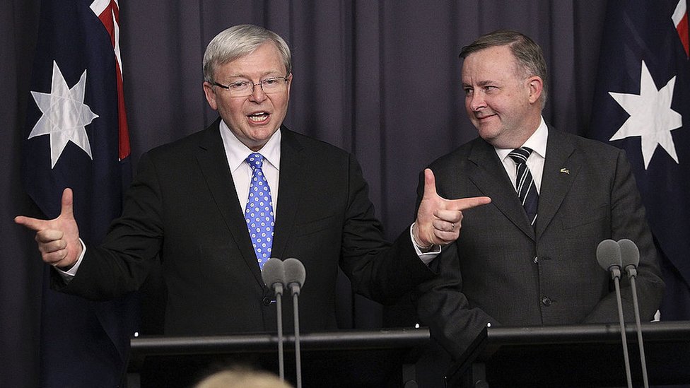 Kevin Rudd (L) new Leader Of The ALP stands next to Anthony Albanese, Minister for Infrastructure and Transport as he speaks to the media after winning the leadership ballot at Parliament House on June 26, 2013 in Canberra, Australia.