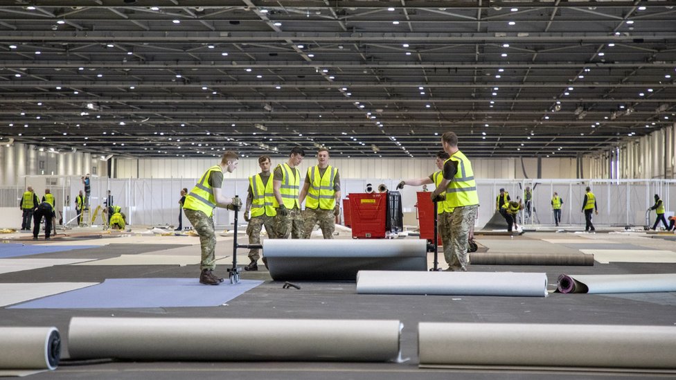 Soldiers helping to build an NHS Nightingale hospital in March 2020