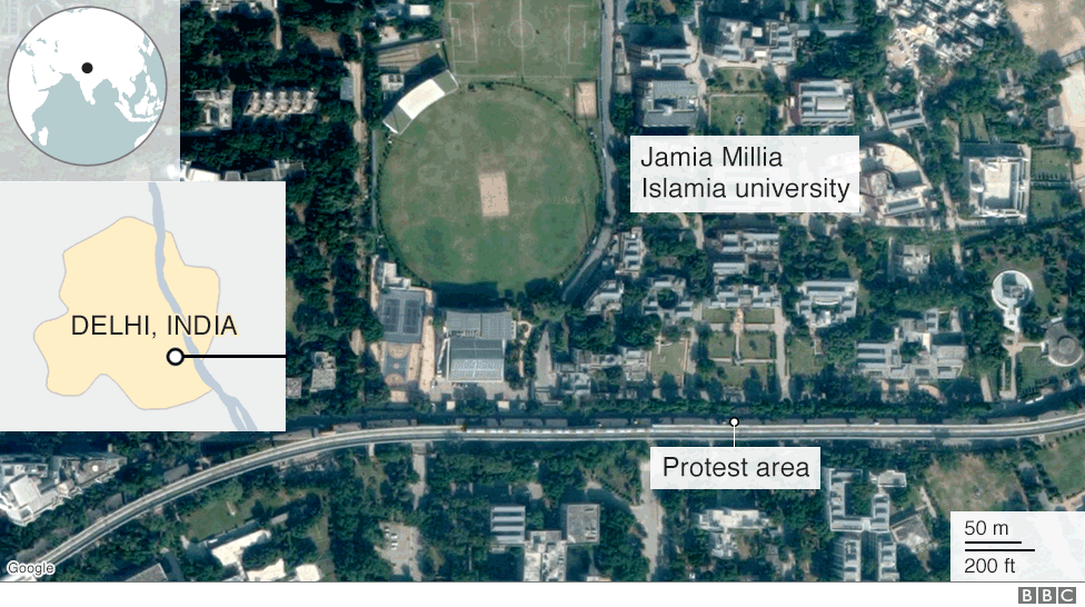 Карта, показывающая место проведения протестов в Дели