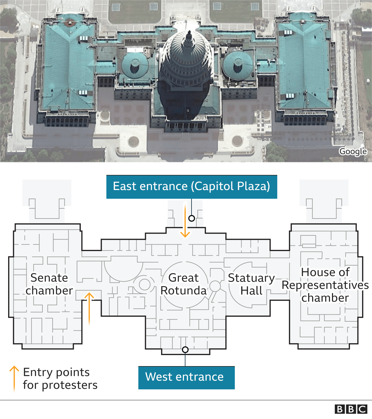 Map showing key locations at the Capitol building