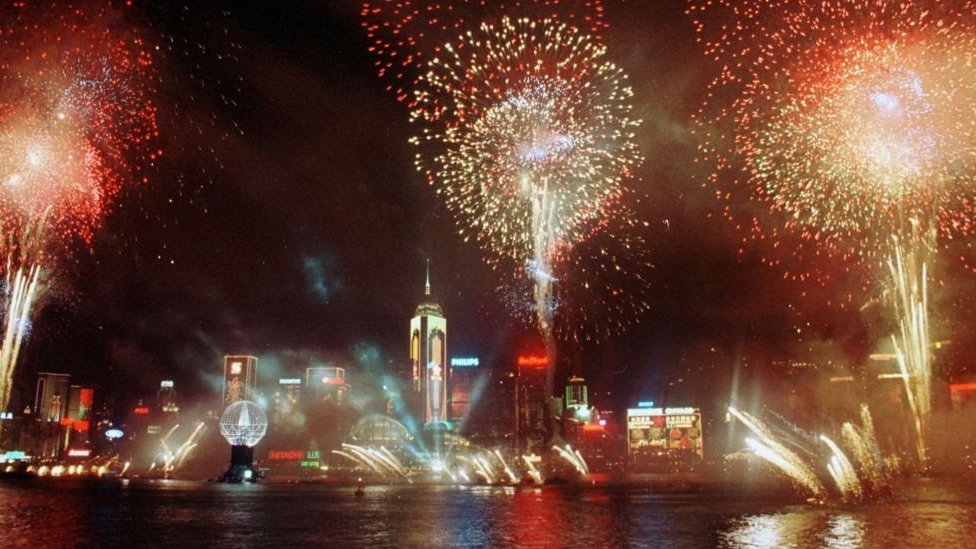 Fireworks light up the sky in Hong Kong to celebrate the province's handover to China on 1 July 1997
