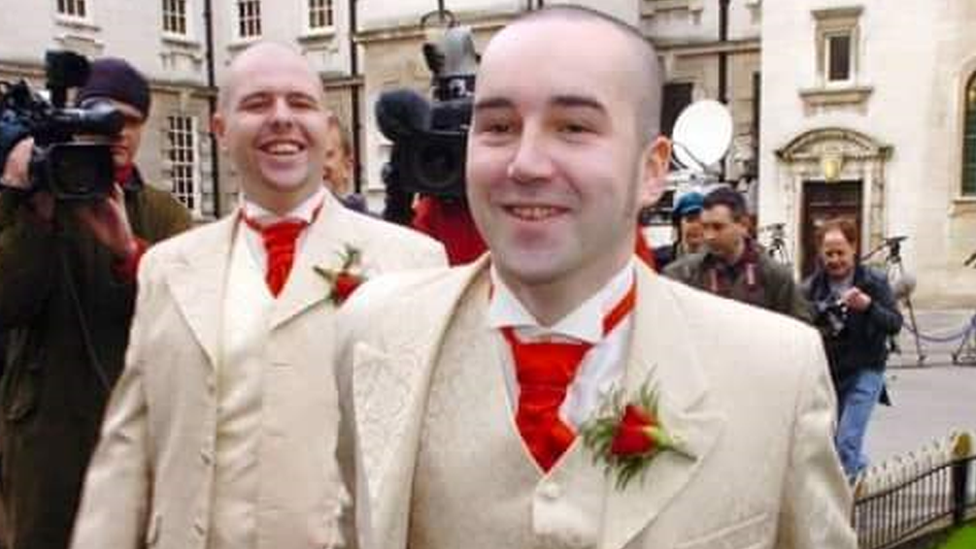 Chris and Henry Flanagan-Kane at their civil partnership ceremony in 2005