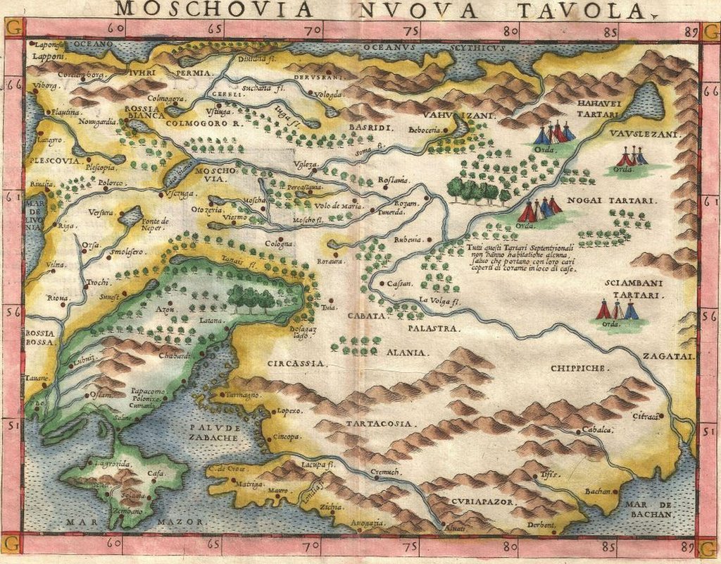 Mapa Ruscelli de Rusia, Moscovia y Ucrania, 1574.