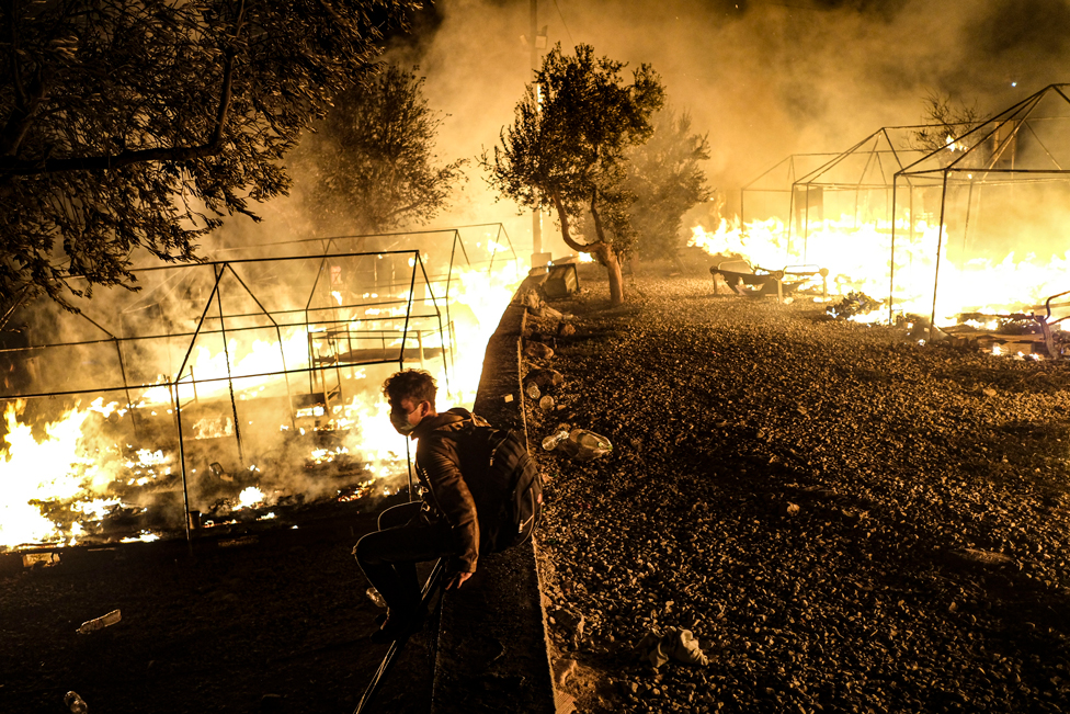 Fires rage at the Moria migrant camp on 9 September 2020, in Lesbos, Greece
