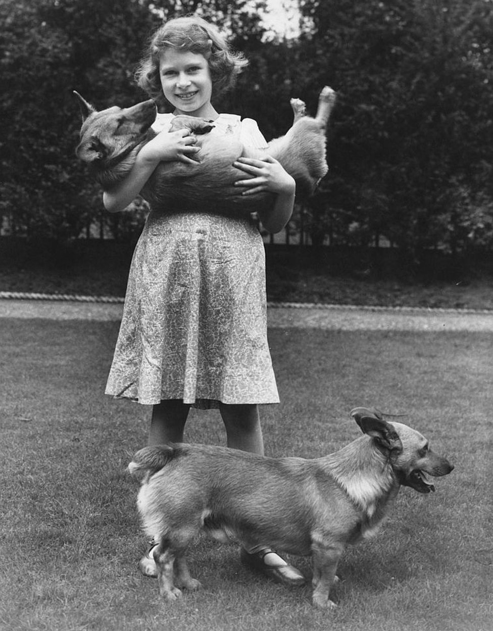 Princess Elizabeth, beaming in a dress and sandals aged about 10, cradles one Corgi while another stands at her feet.