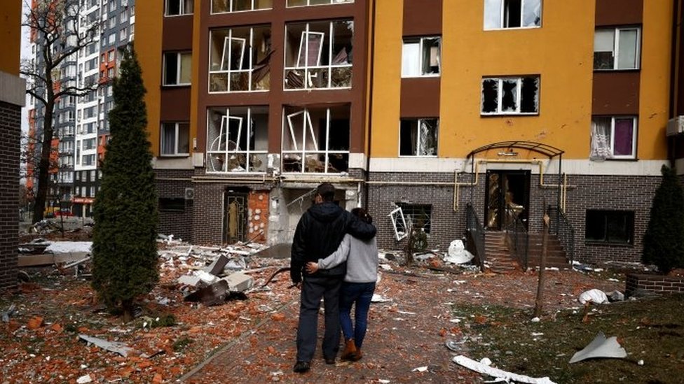 Damaged buildings in Irpin