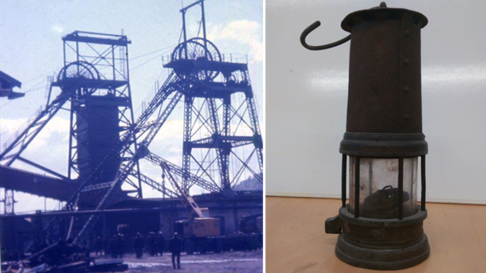 Угольная шахта Альбиона в 1966 году и шахтерская лампа после катастрофы 1894 года