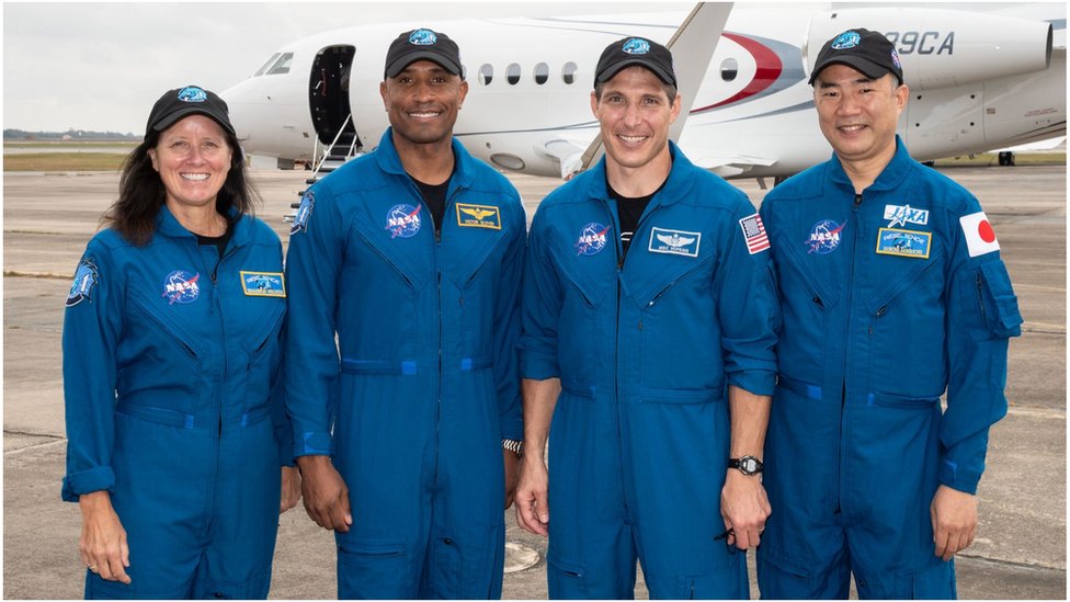 The crew comprises (L-R) Shannon Walker, Victor Glover, Michael Hopkins and Soichi Noguchi