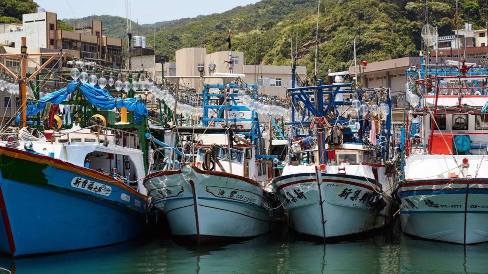 Fishing boats berthed in a harbour in northern Taiwan.