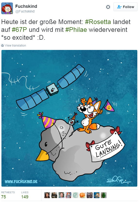 Мультфильм о вечеринке на комете с надписью «Сегодня важный момент: #Rosetta приземляется на # 67P, а #Philae воссоединилась * так взволнована *: D»