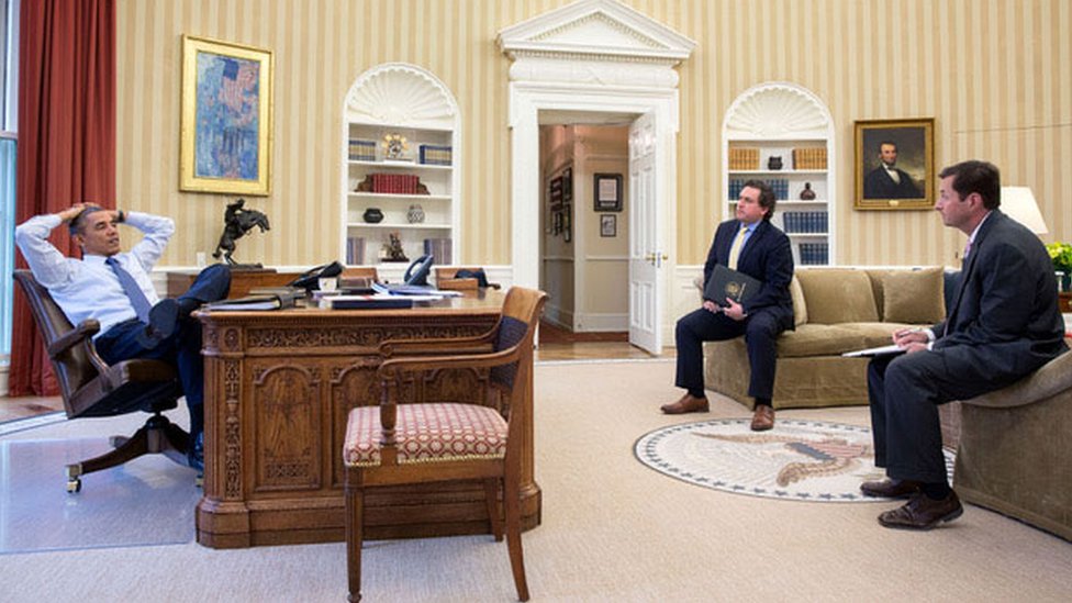 Barack Obama in the Oval Office with Cody Keenan and Terry Szuplat