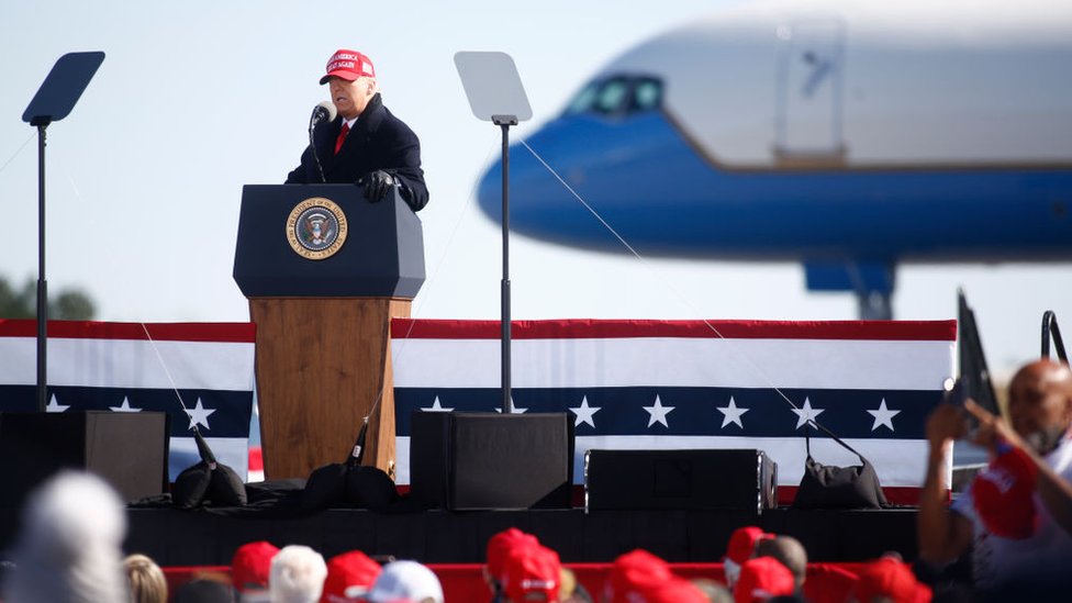 Mr Trump addressed a re-scheduled campaign rally in Fayetteville Regional Airport, North Carolina