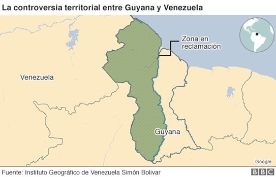 Mapa de la controversia territorial entre Guyana y Venezuela,