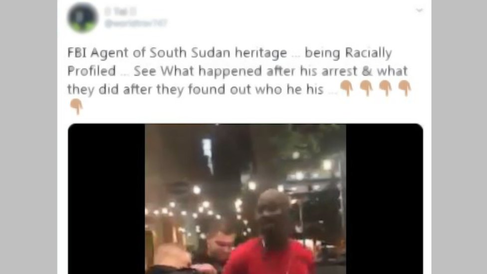Screenshot of video showing two white policemen arresting a black man. The Twitter post above it says: 