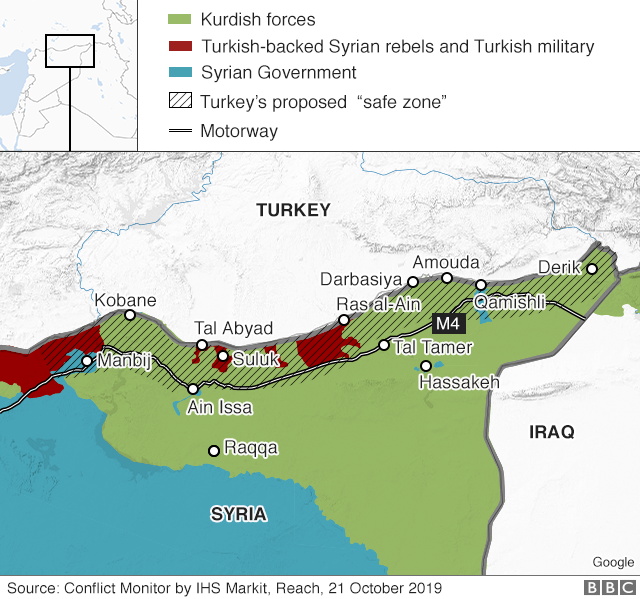 Карта, показывающая контроль над севером Сирии (21 октября 2019 г.)