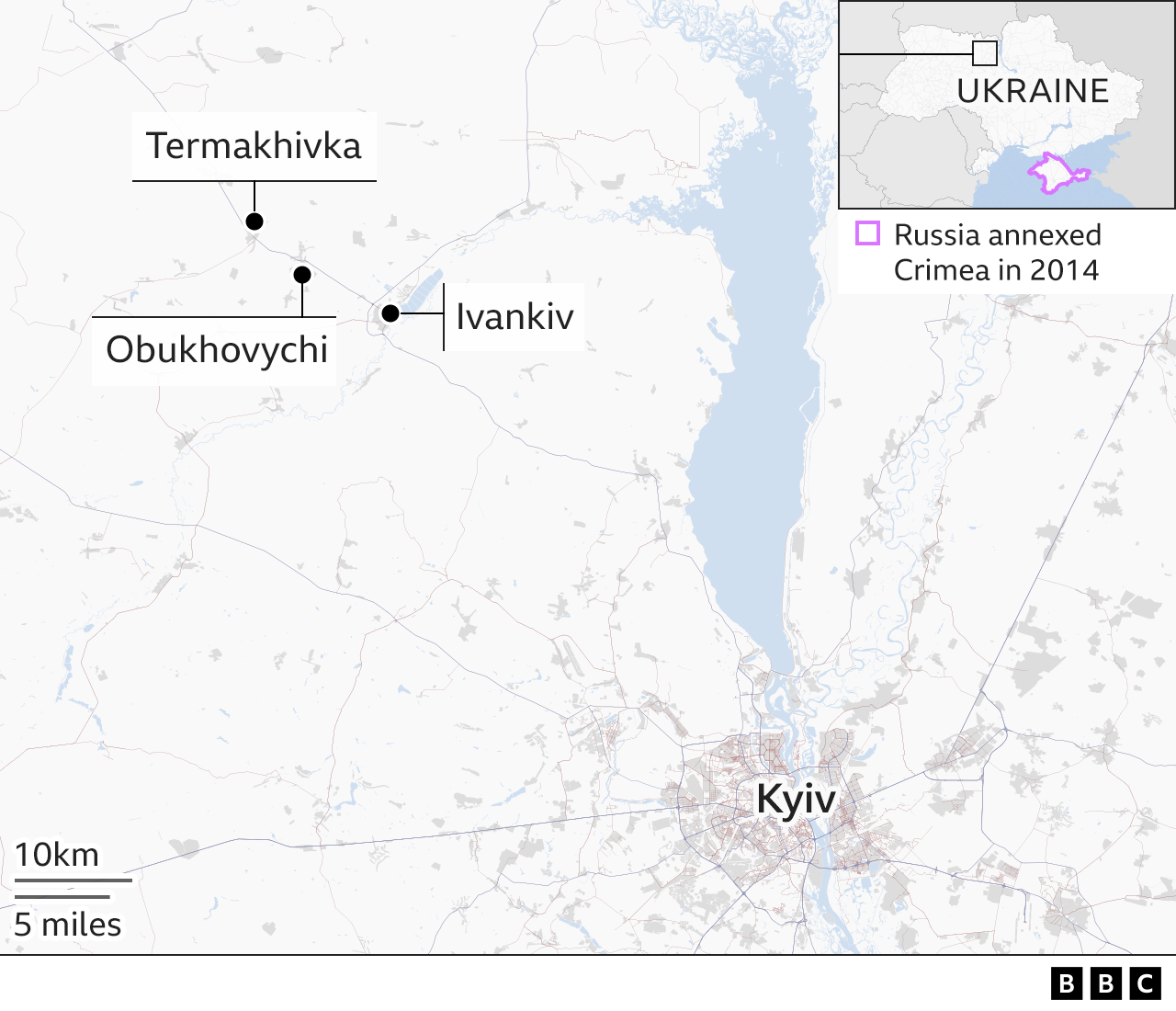 Image shows map of villages north of Kyiv
