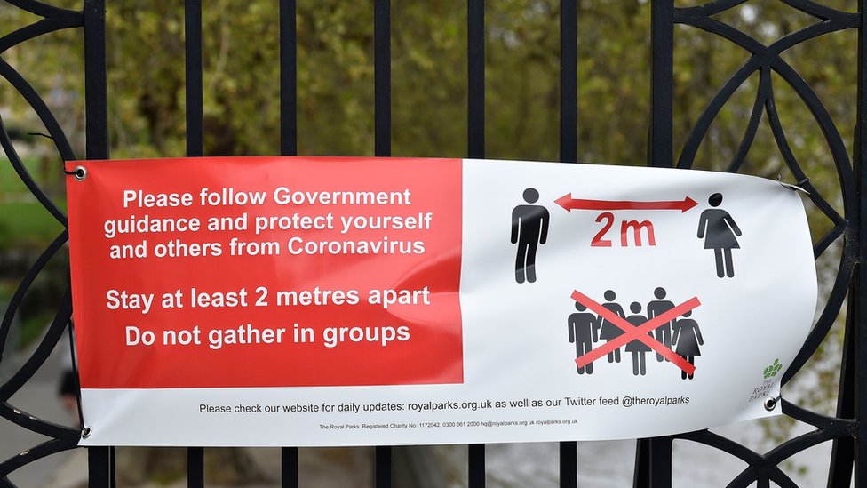 Войдите в Лондонский парк с изложением государственных правил социального дистанцирования