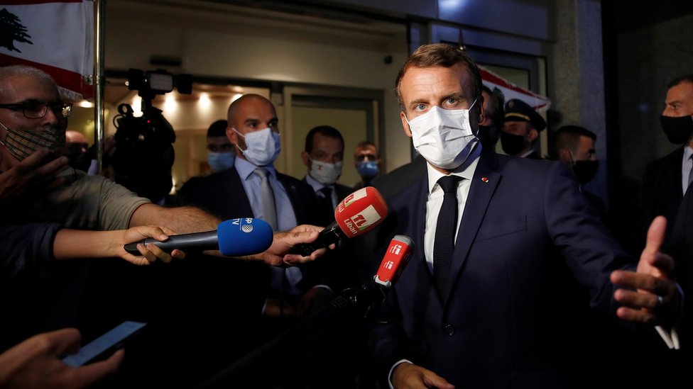 French President Emmanuel Macron speaks with media after his meeting with Lebanese President Michel Aoun at Beirut International airport, Lebanon August 31, 2020