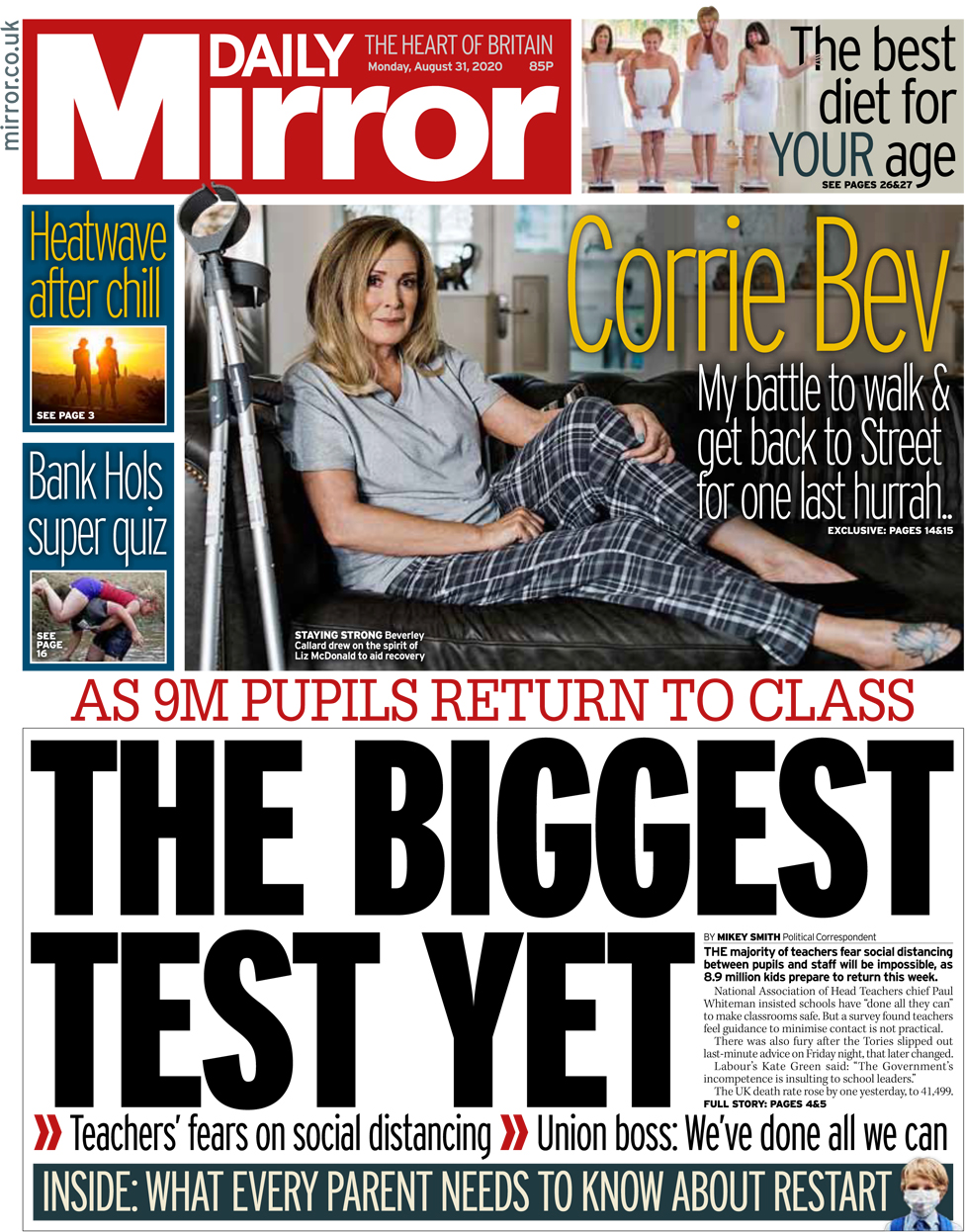The Daily Mirror front page 31 August 2020