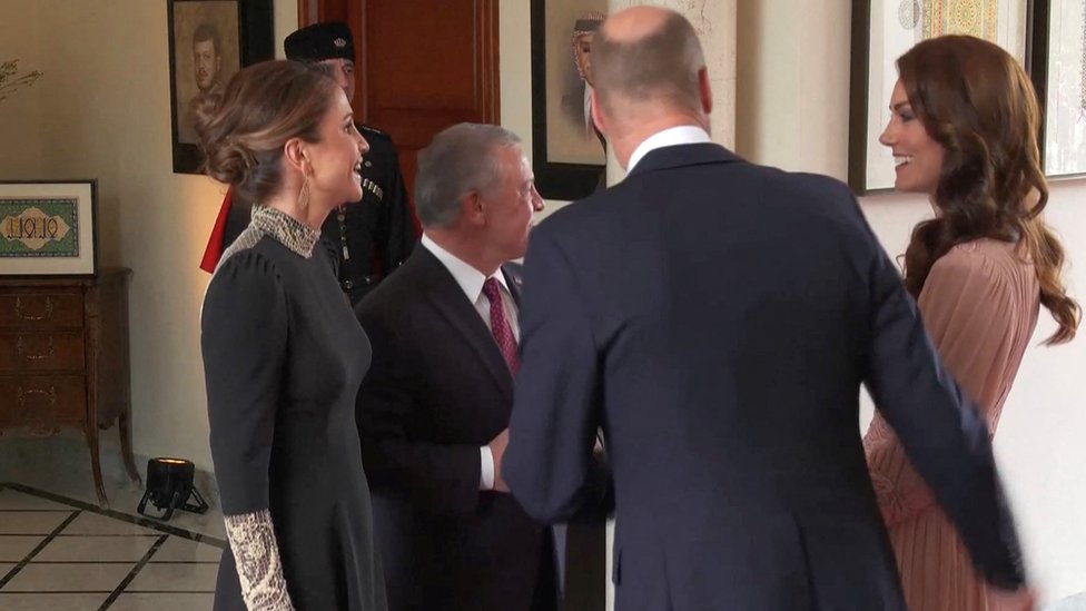 Jordan's king and queen greeting Britain's Prince and Princess of Wales when they arrive