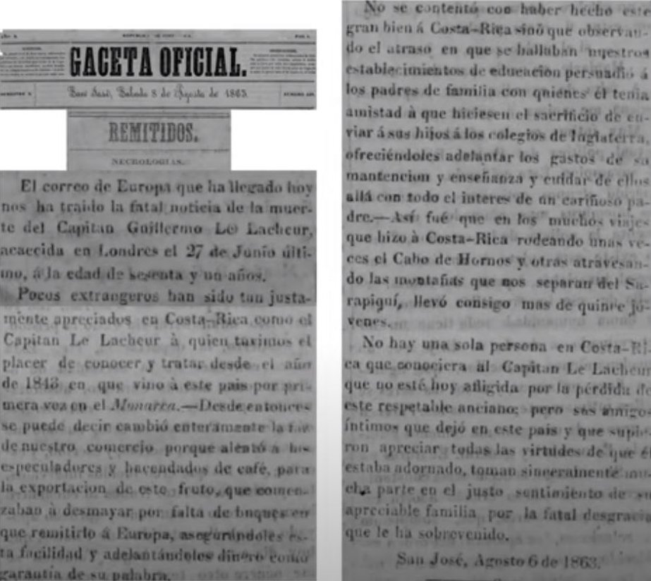 ´Necrología del diario Gaceta Oficial en 1863 que registra la muerte de William Le Lacheur