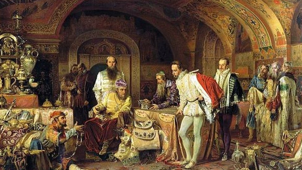 رسم لإيفان الرهيب يعرض كنوزه على سفير ملكة انجلترا إليزابيث الأولى