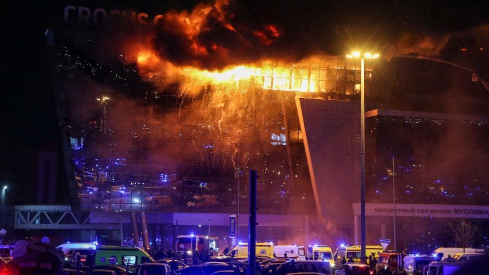 The Crocus City Hall in Moscow on fire