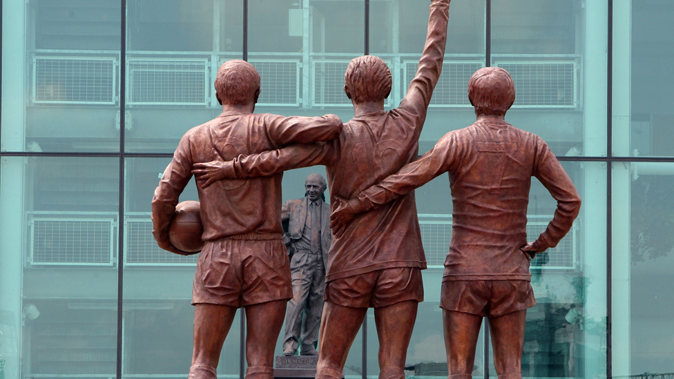 A statue of Sir Matt Busby stands outside Old Trafford today, opposite another one of three of his greatest players - Sir Bobby Charlton, Denis Law and George Best
