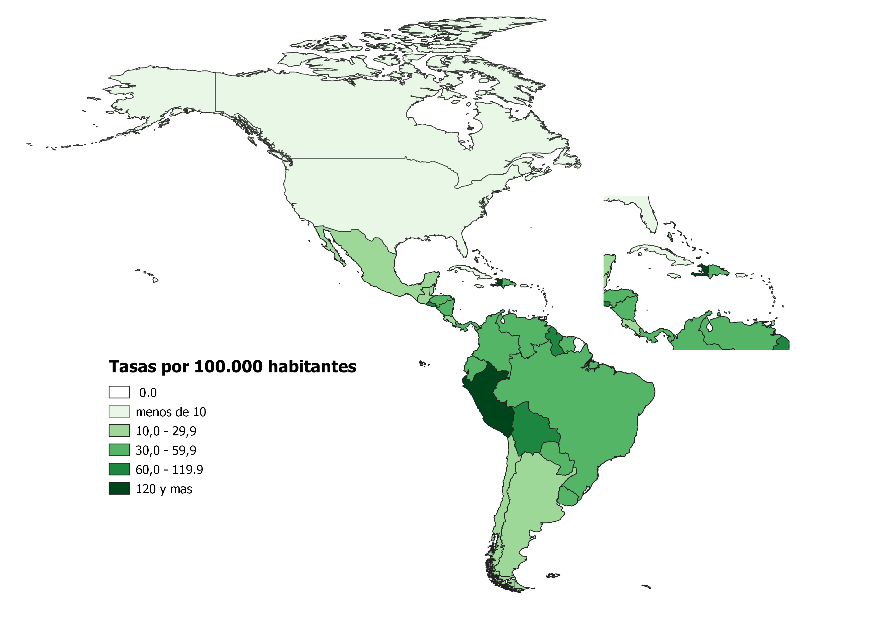 Mapa que muestra la incidencia o casos nuevos de TB en un año cada 100.000 habitantes en el continente americano