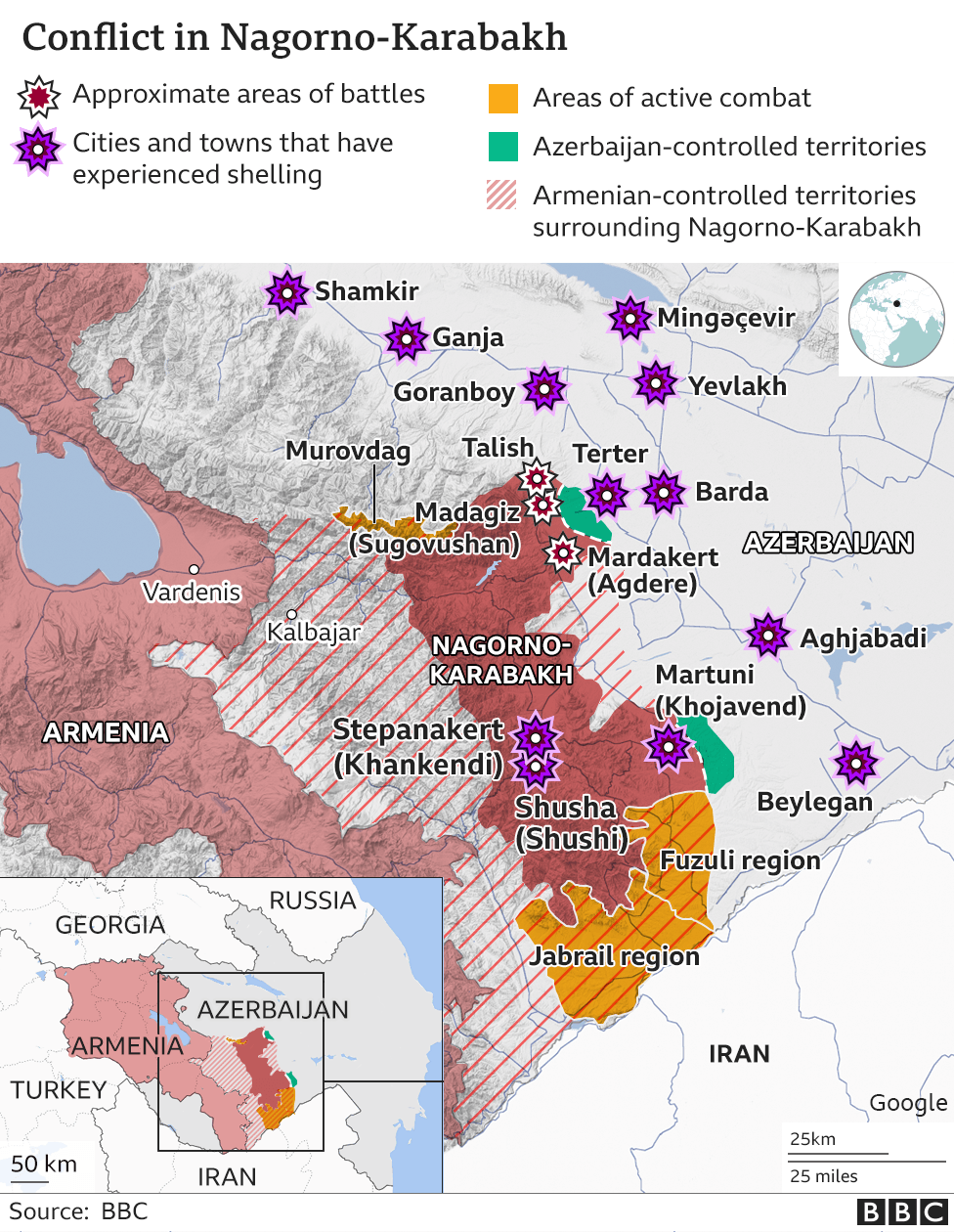 Карта, показывающая районы боевых действий в конфликте