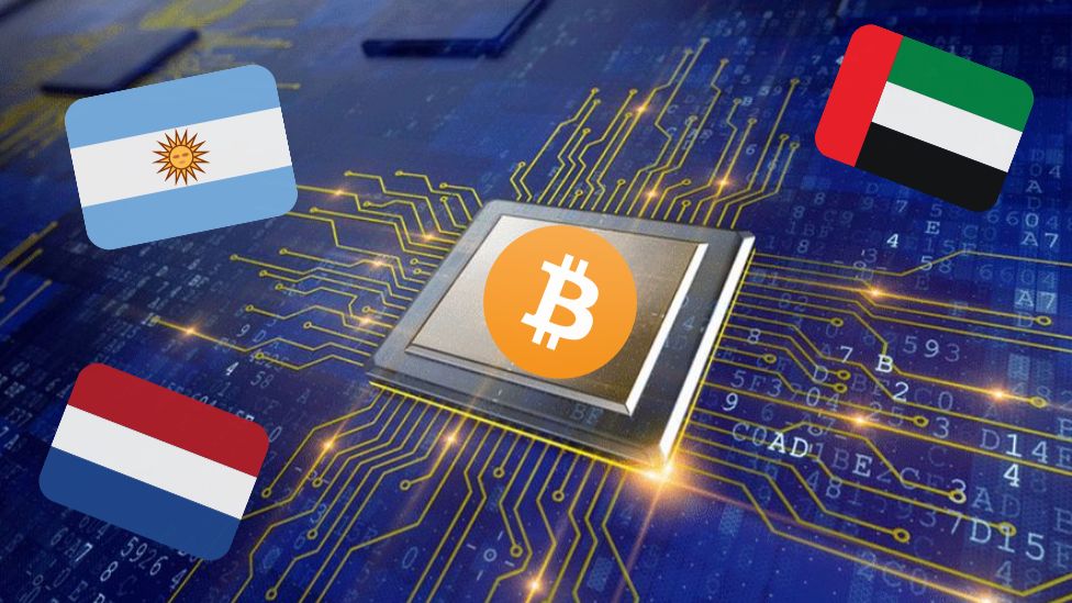 Bitcoin logo with flags of UAE, Netherlands and Argentina