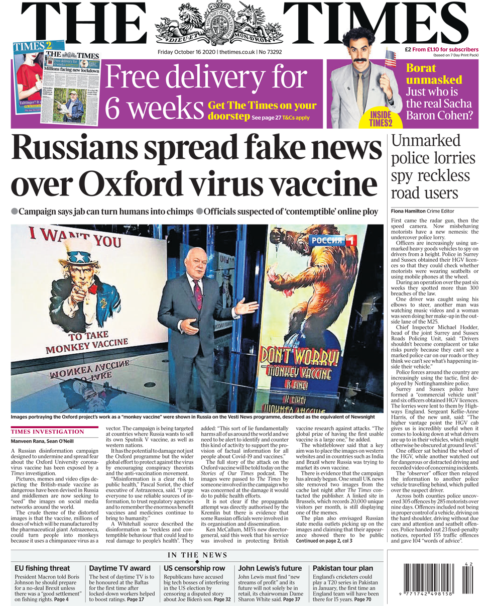 The Times front page 16/10/20
