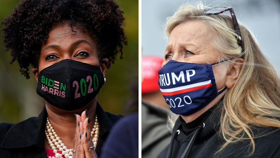Composite image showing woman wearing Biden/Harris facemask and another woman wearing a Trump facemask