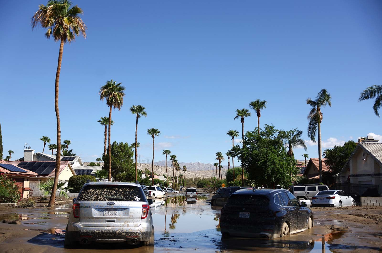 Stranded vehicles remain on a flooded street in Cathedral City, California, after Tropical Storm Hilary inundated the area - 22 August, 2023 