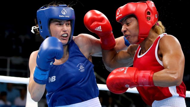 Katie Taylor in action against Estelle Mossely of France at the European Games in Baku.
