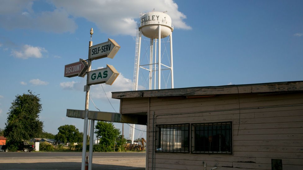 A water tank shows a sign for Dilley is in south Texas.